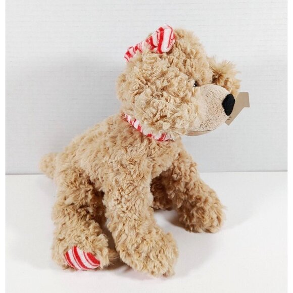 Petting Zoo Dog Plush w/Red Stripe Bow & Collar Stuffed Animal 14" brown - Picture 2 of 4